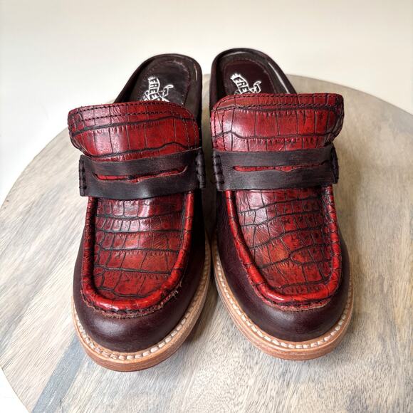 Freebird by Steven Collins Clogs Wine Multi Red Leather Croc Embossed Heels Sz 7 - Picture 6 of 11